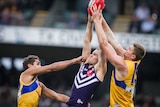 Hayden Crozier reaches to take a mark in front of Nathan Vardy with another Eagles player nearby.