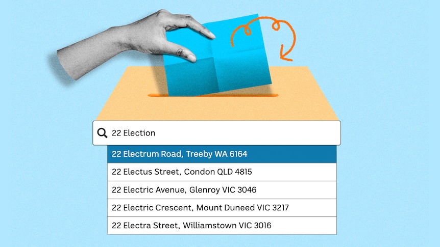 Collage of hand holding letter and address search input field on light blue background.