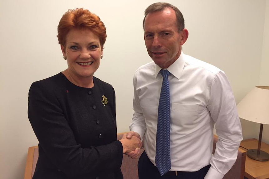 Pauline Hanson shakes hands with Tony Abbott.