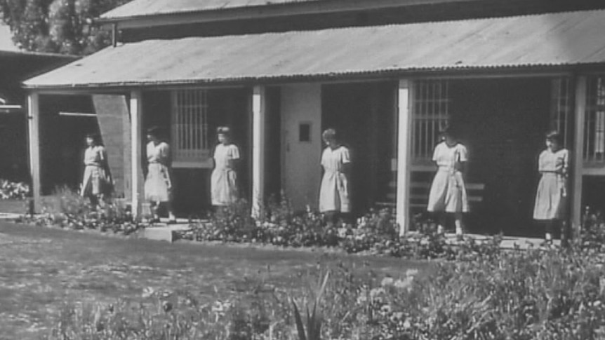 Girls lined up on the veranda at the Hay Institution for Girls in NSW
