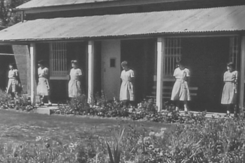 Girls lined up on the veranda at the Hay Institution for Girls in NSW