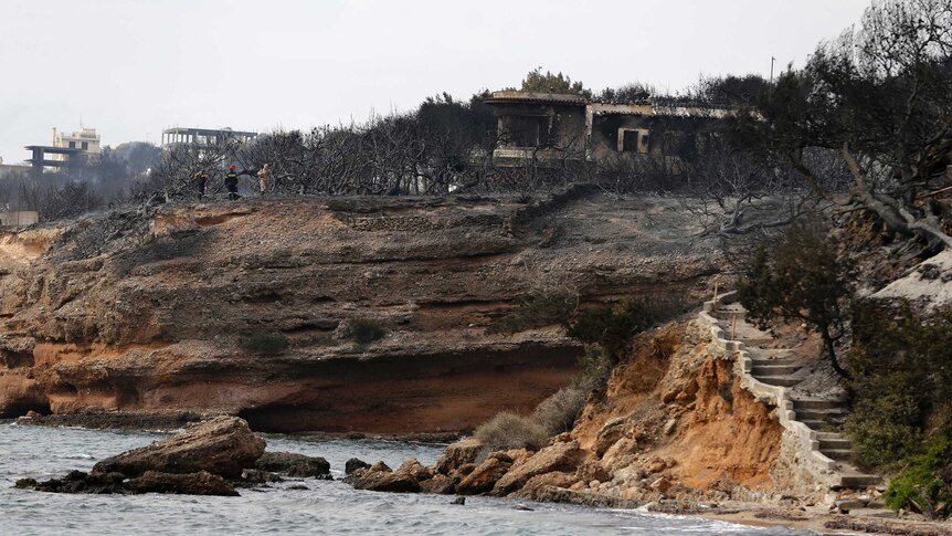 Firefighters stand on a cliff top where burned trees hug the coastline in Mati east of Athens.