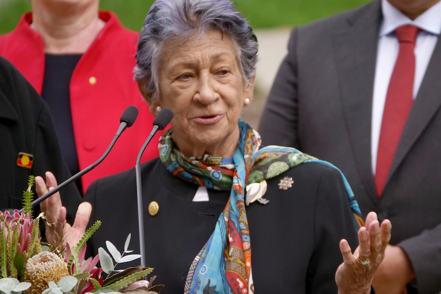 A woman speaks to the media from a lecturn outdoors