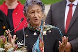 A woman speaks to the media from a lectern outdoors