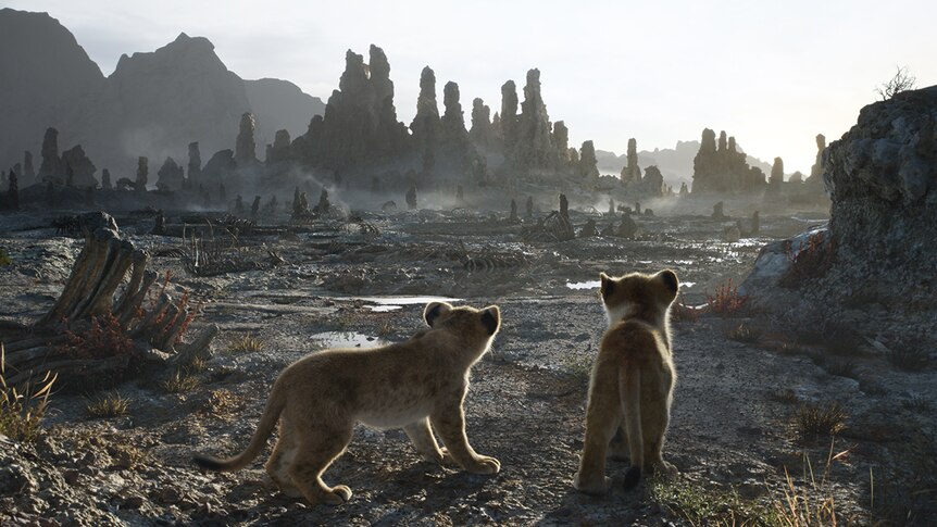 Colour still of animated lion cubs Simba and Nala looking out towards deserted elephant graveyard in 2019 film The Lion King.