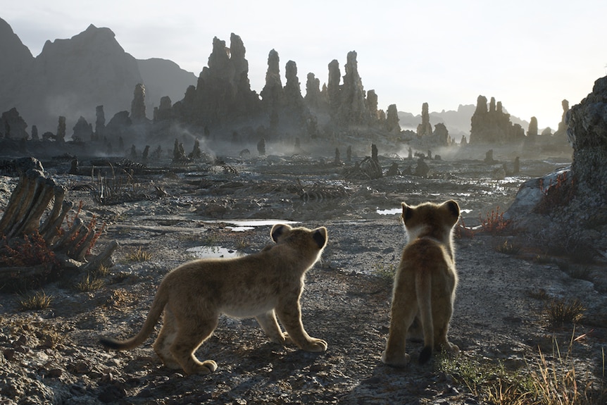 Colour still of animated lion cubs Simba and Nala looking out towards deserted elephant graveyard in 2019 film The Lion King.