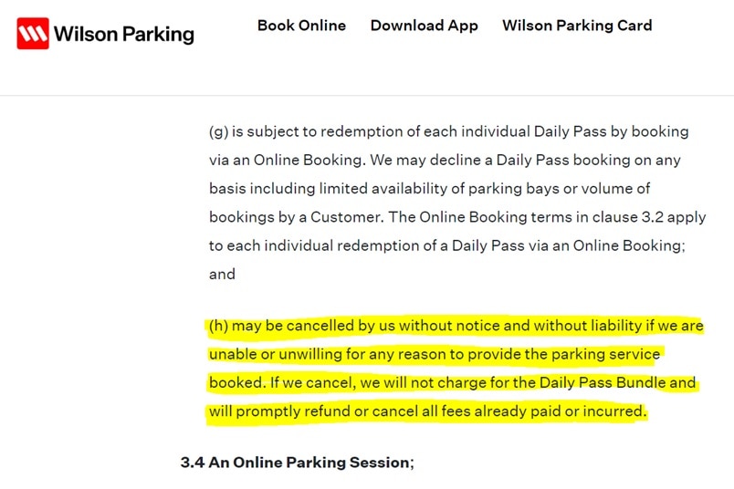 Términos y condiciones en el sitio web de Wilson Parking.