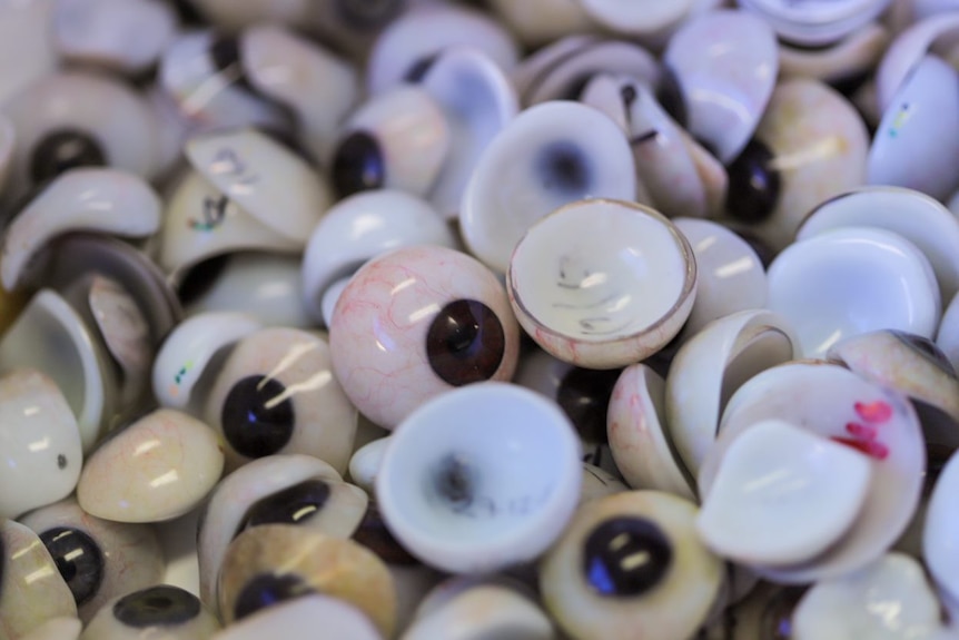 A close-up of prosthetic eyes