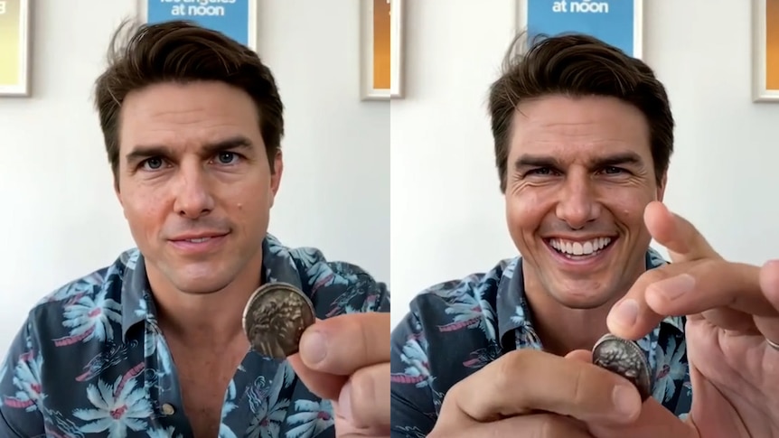 A deepfake image of Tom Cruise doing a coin trick.