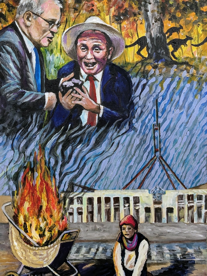 The painting shows Scott Morrison and Barnaby Joyce looking at coal, a pram in the foreground on fire.