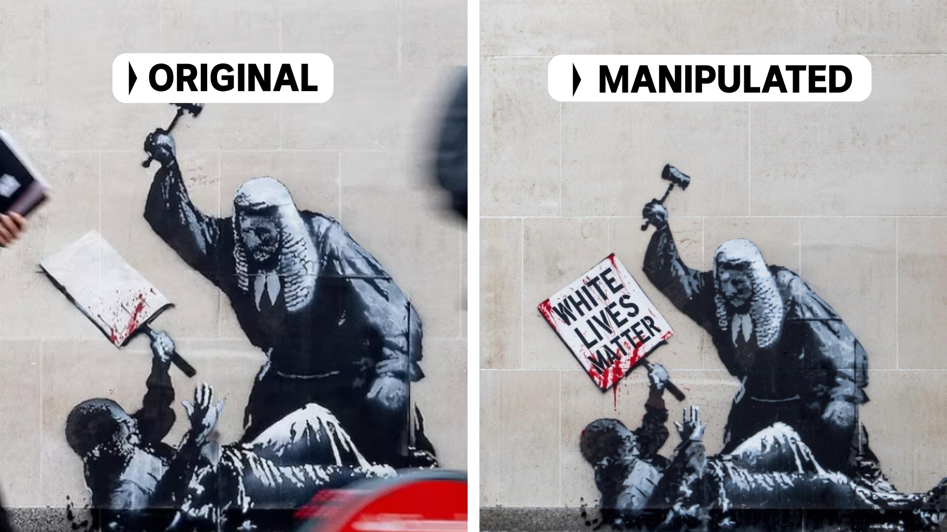 A street art image shows a judge hammering a protester. One image is manipulated, the other is not