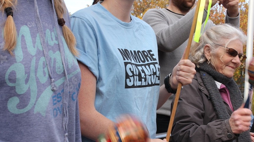 A women's t-shirt says 'no more silence', during the Ballarat march in support of child sex abuse survivors