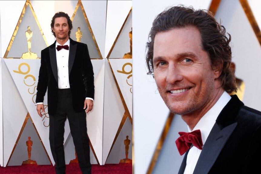 Presenter Matthew McConaughey wears a black suit with a red velvet bow tie.