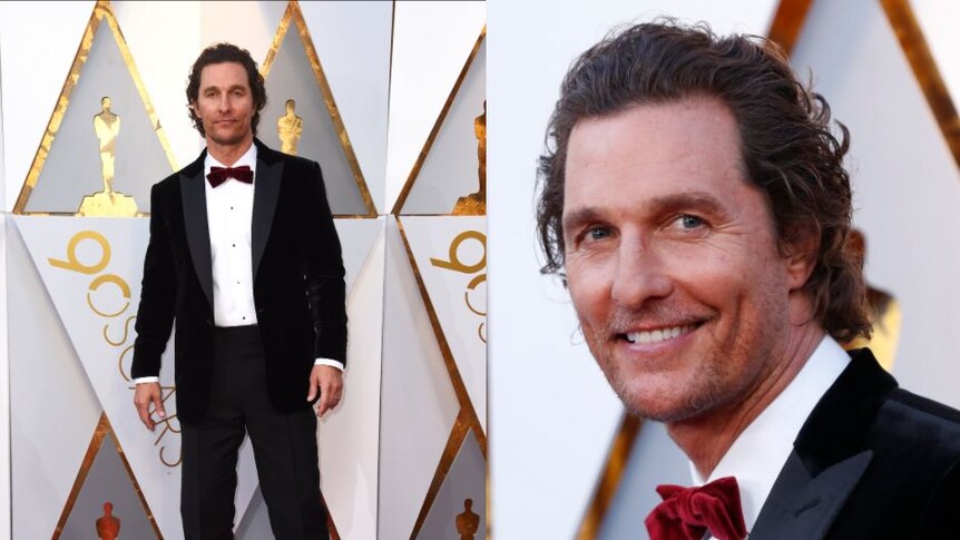 Presenter Matthew McConaughey wears a black suit with a red velvet bow tie.