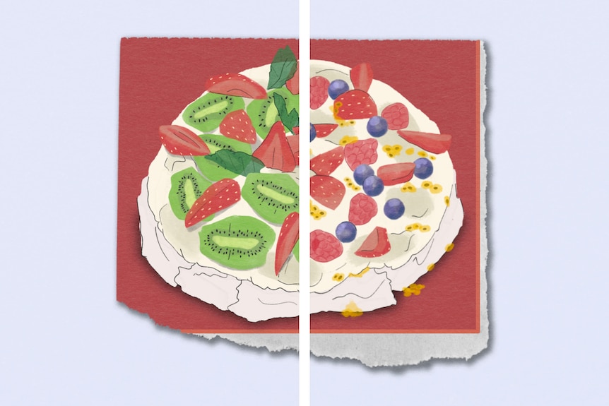 a graphic with one half showing a pav with kiwifruit and the other half with strawberries.