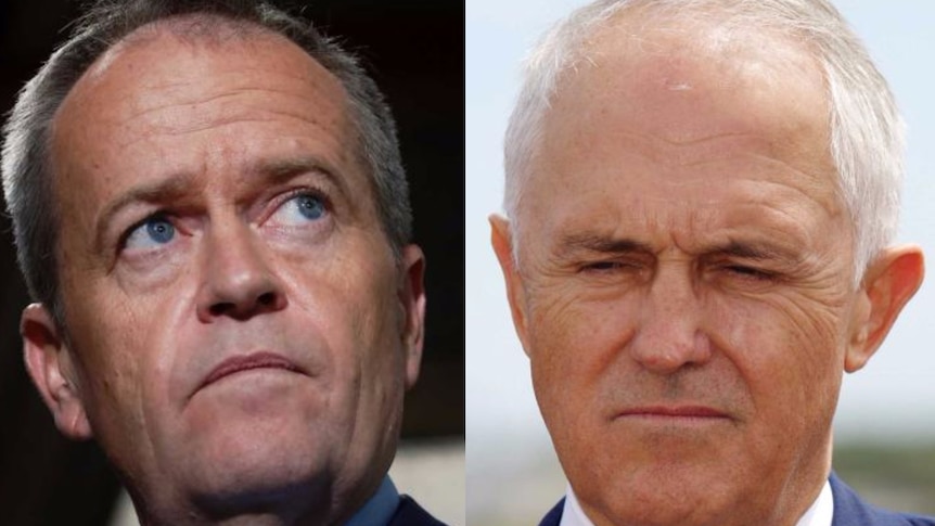 A composite image shows close-ups of Bill Shorten and Malcolm Turnbull, both looking menacing