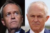 A composite image shows close-ups of Bill Shorten and Malcolm Turnbull, both looking menacing