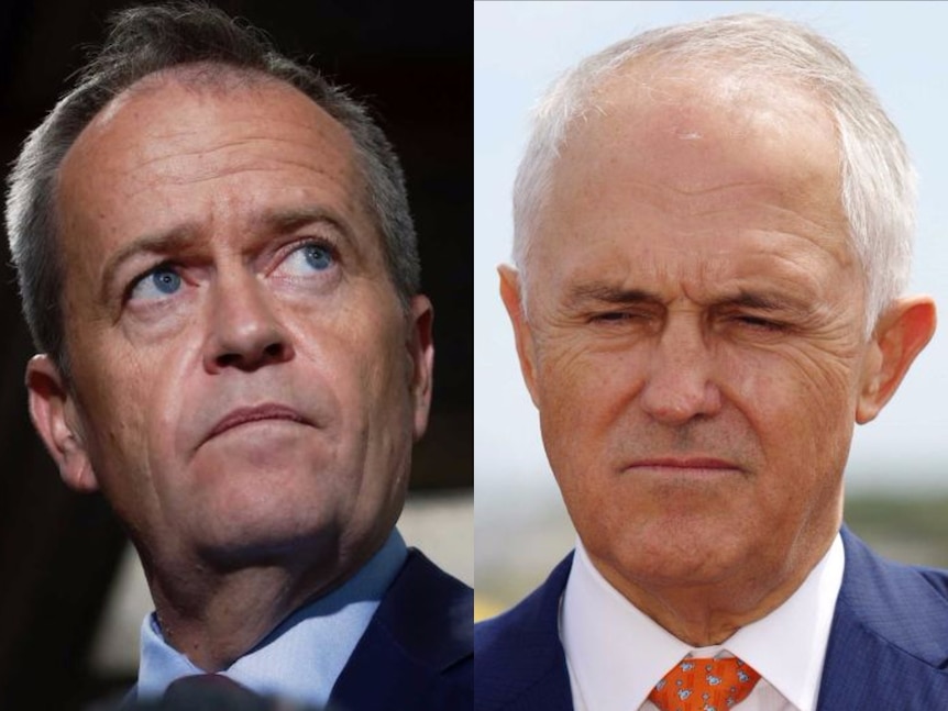 A composite image shows close-ups of Bill Shorten and Malcolm Turnbull, both looking menacing