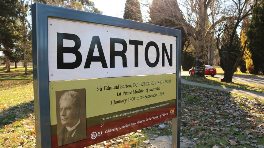 The Barton suburb sign in Canberra's inner south.