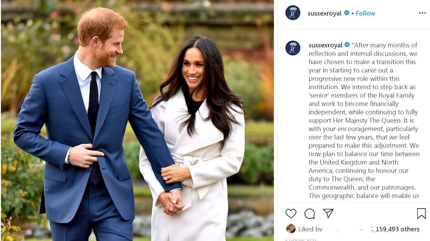 Screen shot of the Instagram post by Prince Harry and Meghan Markle to step back from royal duties, with a picture of the couple