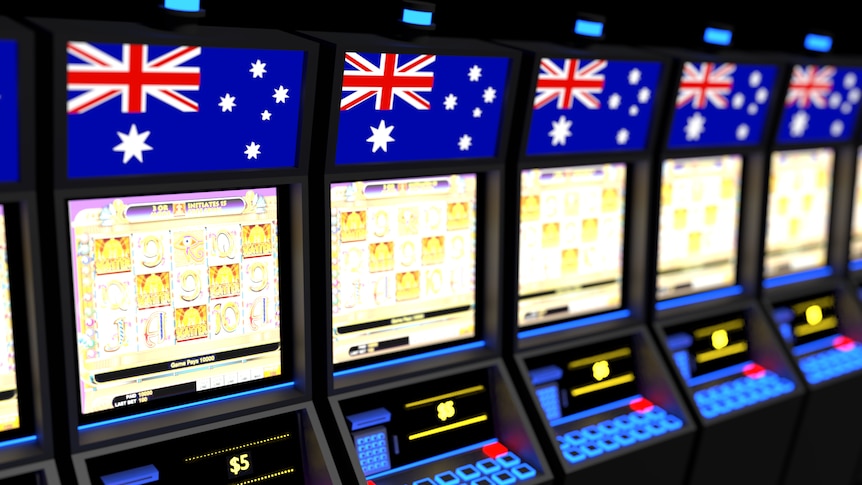 A row of poker machines with Australian flags superimposed on top.