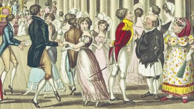 A caricature painting of men and women at a dance in 19th century
