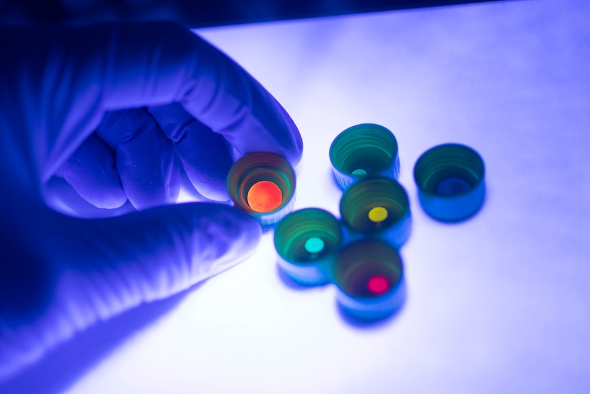 A researcher's hand holding coloured crystals in a lab