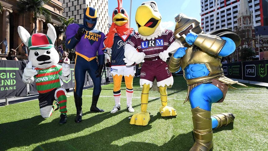 NRL team mascots in the Brisbane CBD