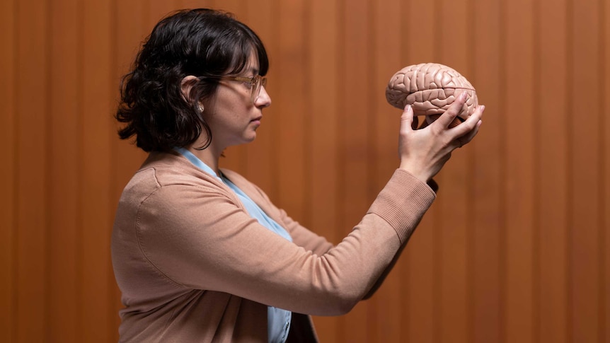 Daniela holds up a model of the brain, staring at it.