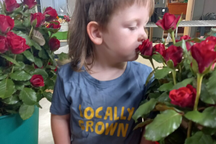 A young by sits on a table surrounded by roses wearing a t-shirt emblazoned with the words "Locally Grown".