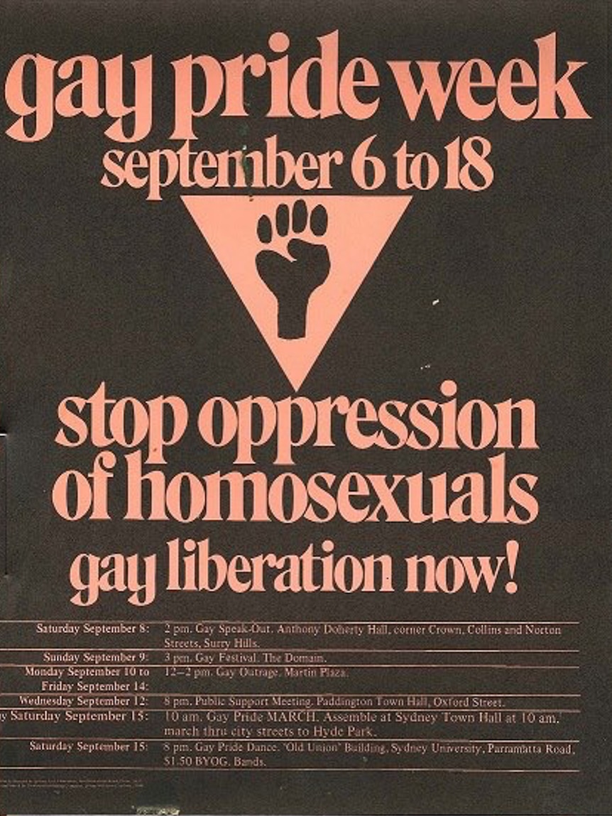 A gay pride week poster featuring an illustration of a downward pink triangle with a fist in the middle.