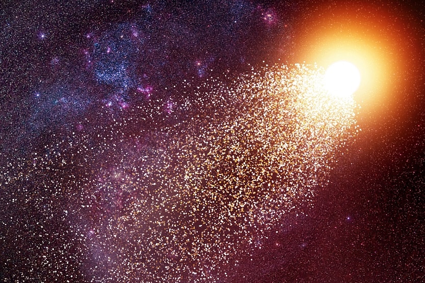 An artist's impression shows one bright star in a corner with thousands of smaller stars shooting out from it against dark space