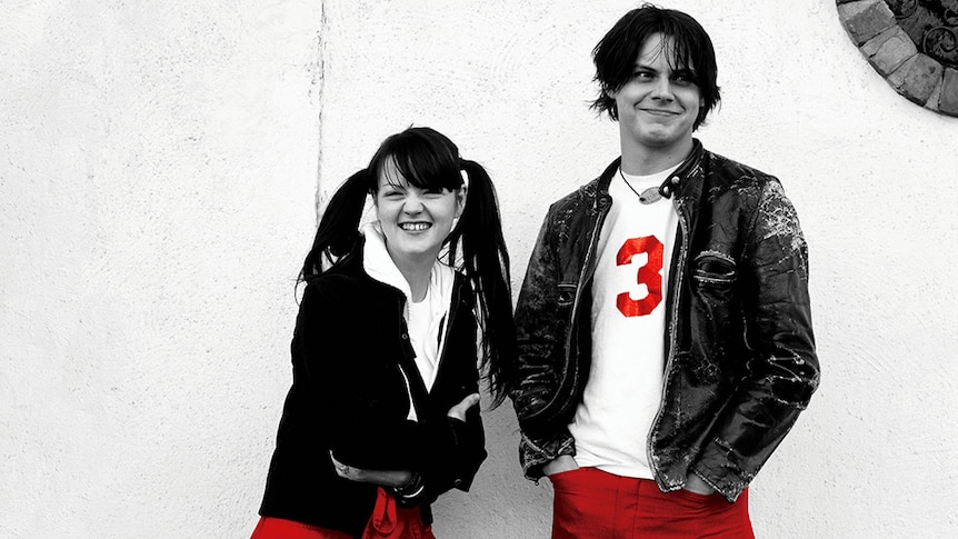 A press shot of The White Stripes for their 2021 Greatest Hits albu