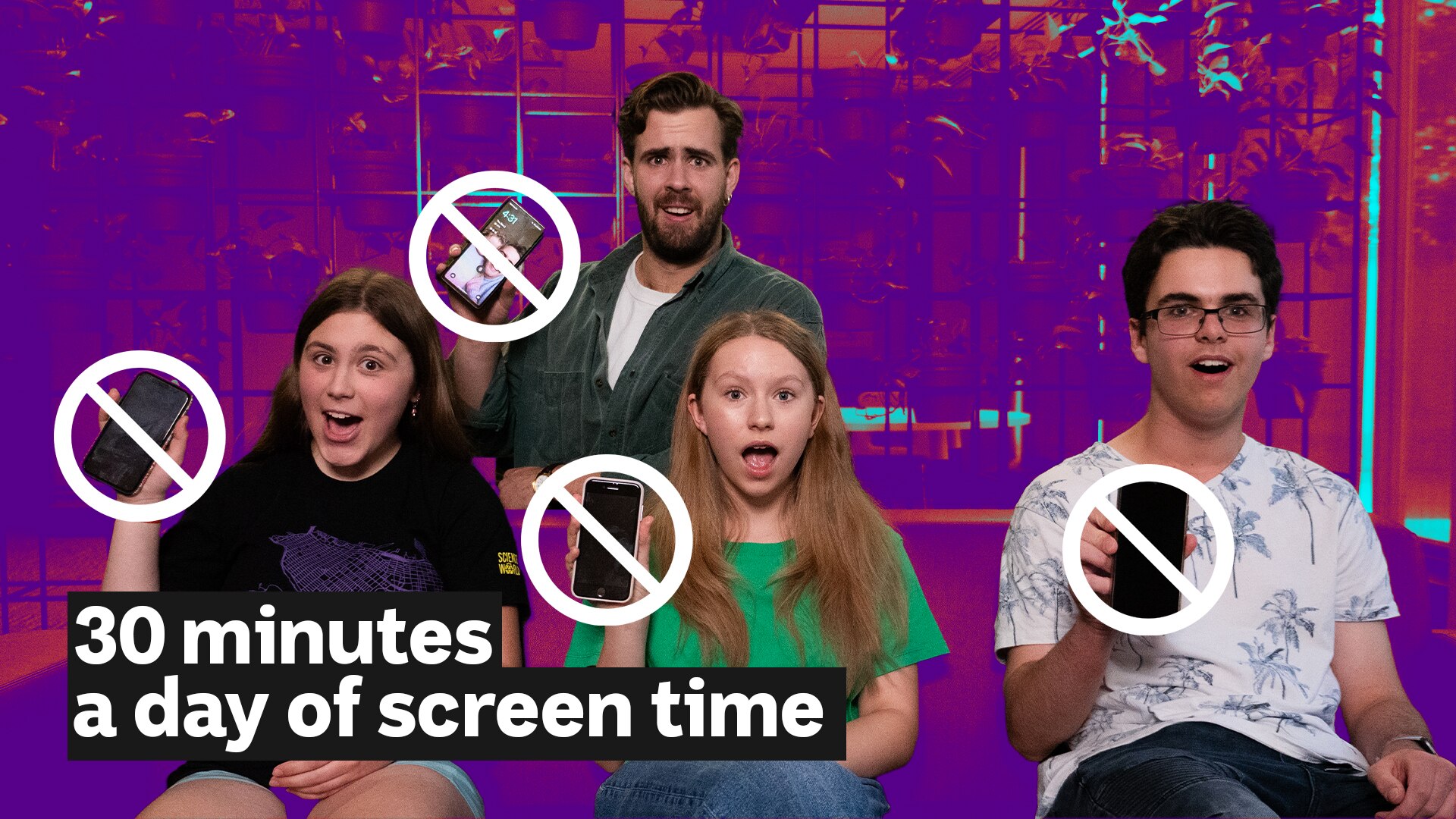 Cale and three teenagers hold up their phones, which are covered with slashed circles. 