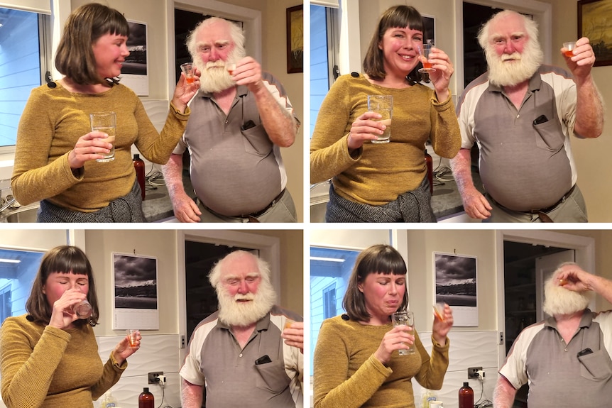 a series of four photos showing a woman - with a grey bearded man - drinking from a small glass and each frame show her reaction