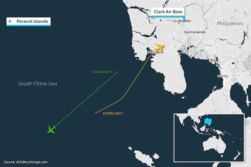 A digital flight map shows two plane icons heading in different directions in the South China Sea.