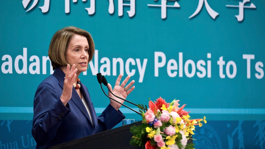 U.S. House Speaker Nancy Pelosi delivers her speech at the Tsinghua University in Beijing.