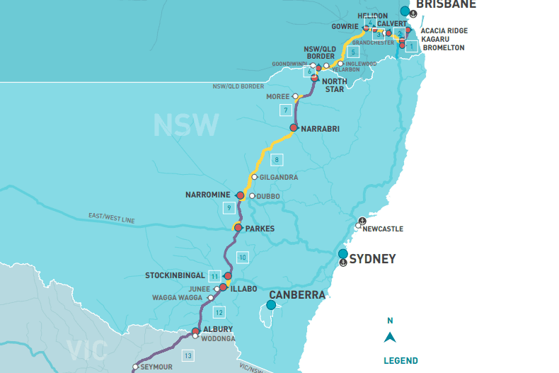 Brisbane to Melbourne inland rail alignment map, April 2021