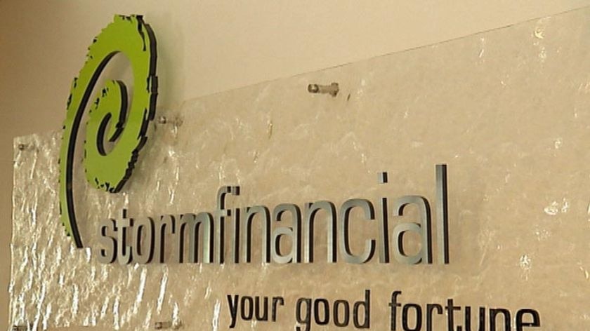 Generic TV still of 'Storm Financial - your good fortune' logo on sign at Townsville HQ in north Qld
