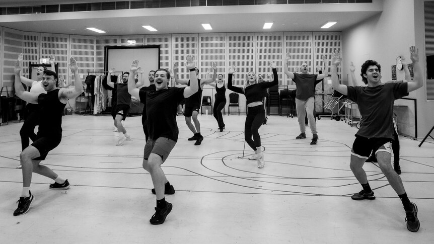 Black and white image of dancers rehearsing for Sunset Boulevard