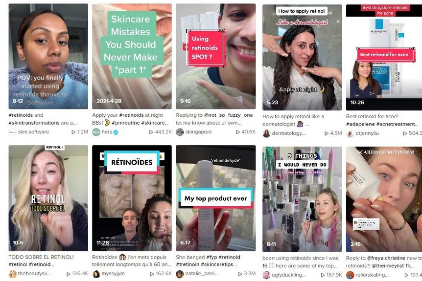 A grid of videos on social media site TikTok that shows influencers promoting skin care tips. 