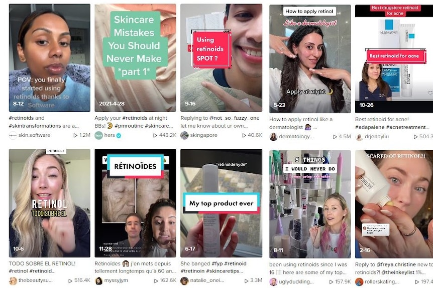 A grid of videos on social media site TikTok that shows influencers promoting skin care tips. 