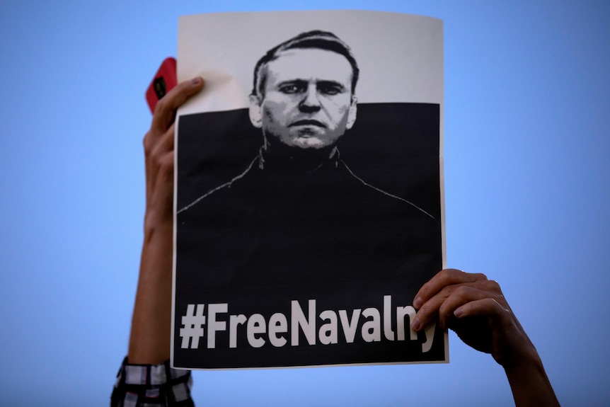 A women holds a "Free Navalny" sign against a deep blue sky during a protest.