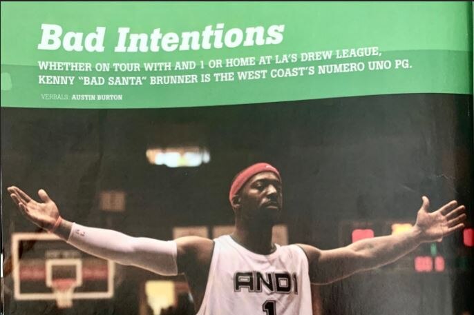 A magazine cover with a green headline and photo of a basketballer on court with his arms outstretched 