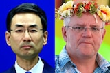 A composite of Chinese Foreign Ministry spokesman Geng Shuang and Scott Morrison.