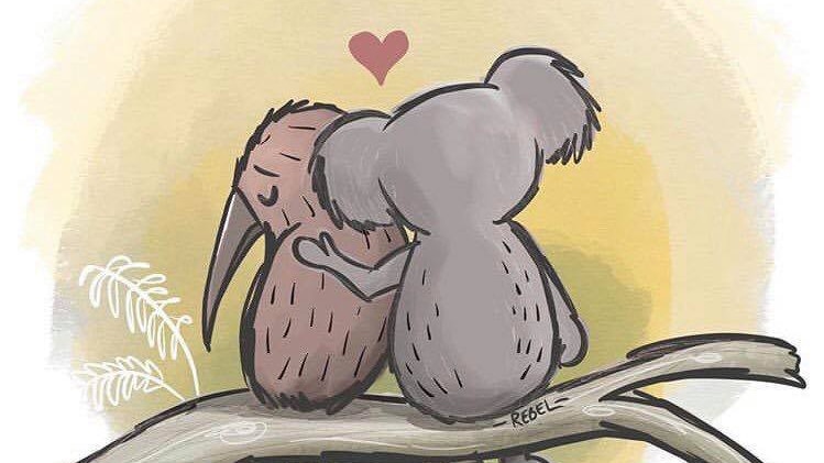 Drawing of a koala with its arm around a sad-looking kiwi bird.