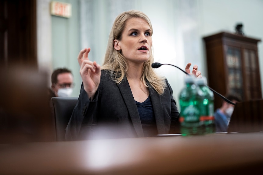 Former Facebook staffer and whistleblower Frances Haugen testifies during a hearing on October 5, 2021.