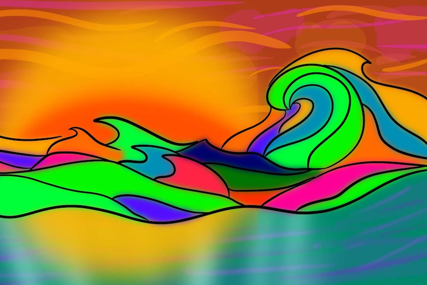 A colourful digital illustration of waves in the sea