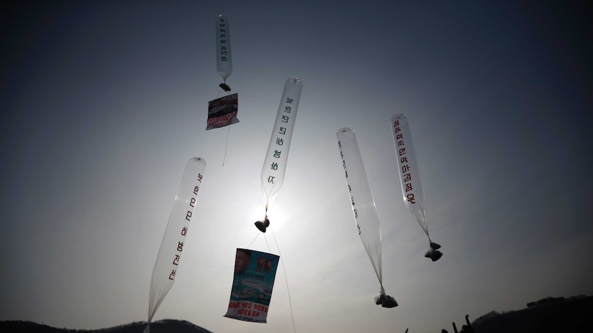 Activists frequently release balloons towards the north similar to this one by North Korean defectors north of Seoul in January, 2014.