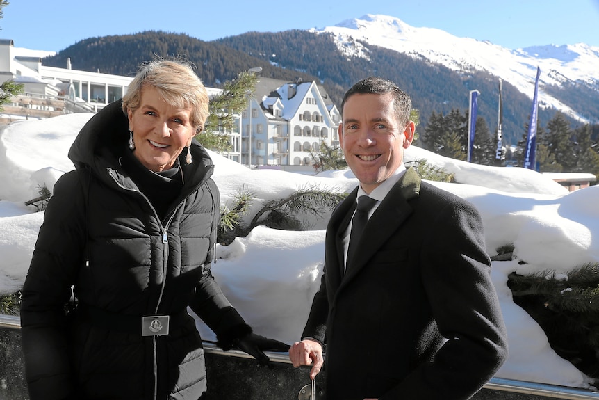 Julie Bishop and Lex Greensill smiling at the camera.